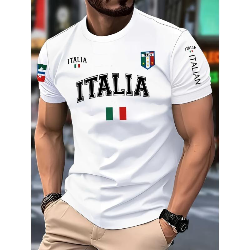 Men's Casual Short Sleeved T-shirt - Italian Flag and ITALIA Big Print