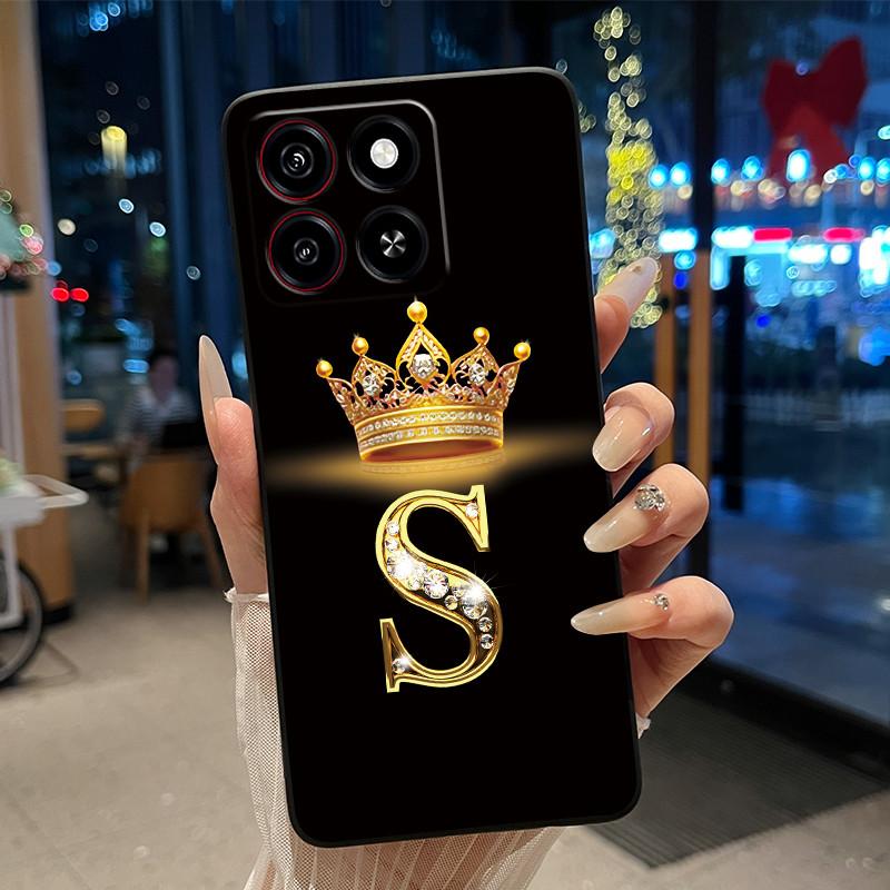 Cool Lucky A-Z Letter Phone Case For ZTE Blade A35/A55 Soft Silicone Black Case Shockproof Luxurious Glitter Crown Shell
