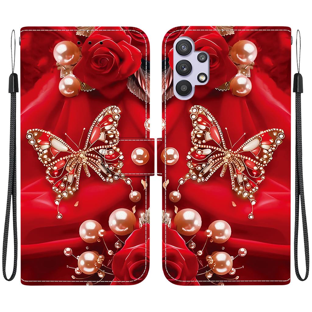Чехол-книжка из искусственной кожи ручной работы для Samsung Galaxy A32 5G (SM-A326B/A326...) Противоскользящий ударопрочный чехол с ремешком на запястье и дизайнами в виде сердец/роз и кошек