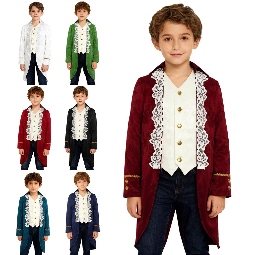 Мальчики Средневековый Ренессанс Викторианский Жакет Отложной Воротник Длинные Рукава Поддельная Двухслойность Кружевная Вышивка Фрак