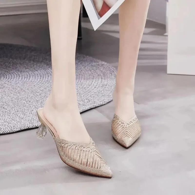 2024 New Mesh Diamond-tipped Half Slippers Women Fashion Women's Shoes Pointed Crystal High Heels Sandals