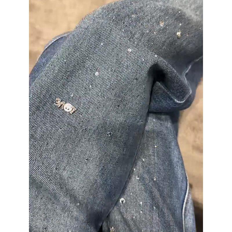 Blue Rhinestone Denim Female Popular This Year New Arrival High Waist Loose Shiny Beautiful All-Matching Straight Loose Pants