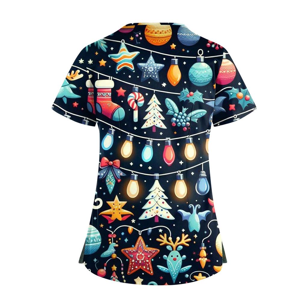 Women's Short Sleeve Stagger V Neck Christmas Print Pocket Dry-nurse Top