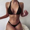 2Pcs/Set Women Bikini Set Halter Padded Wireless Bikini Bra High Waist Swimming Briefs Set Split Design Solid Color Swimsuit