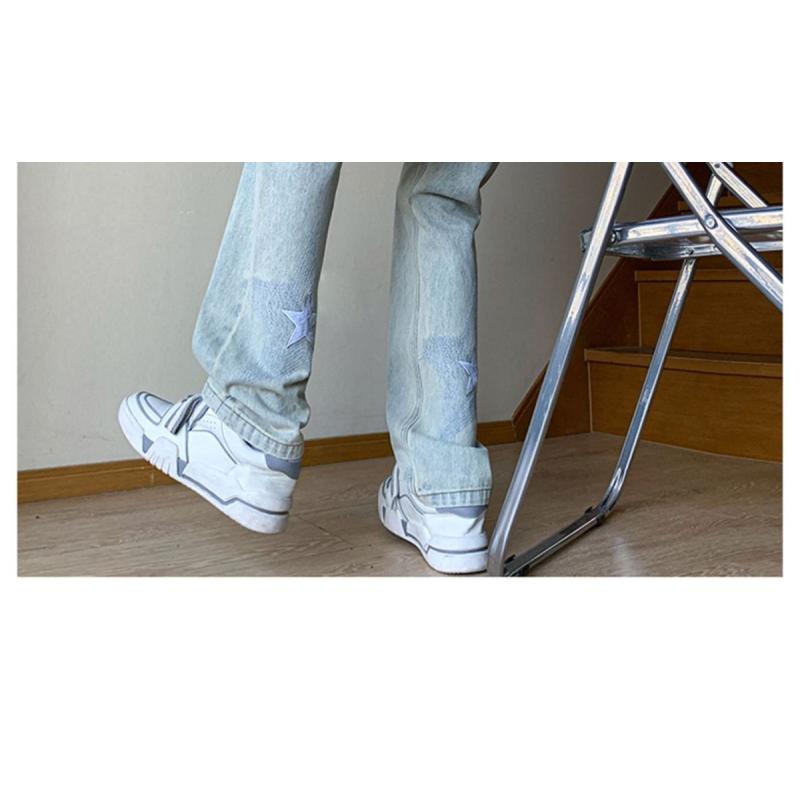 Брюки в американском стиле, уличные голубые джинсы со звездами и вышивкой, мужские брюки прямого кроя с дизайнерским смыслом