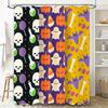 Halloween-themed Shower Curtains with Spooky Patterns Featuring Ghosts, Candy Corn, Bats, Pumpkins, Skulls, and Bones In Vibrant