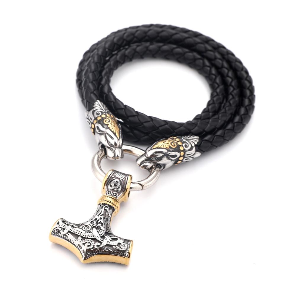 Men 'S Jewelry Room Gold Stainless Steel Leopard Head Viking Thor 'S Hammer Pendant Necklace