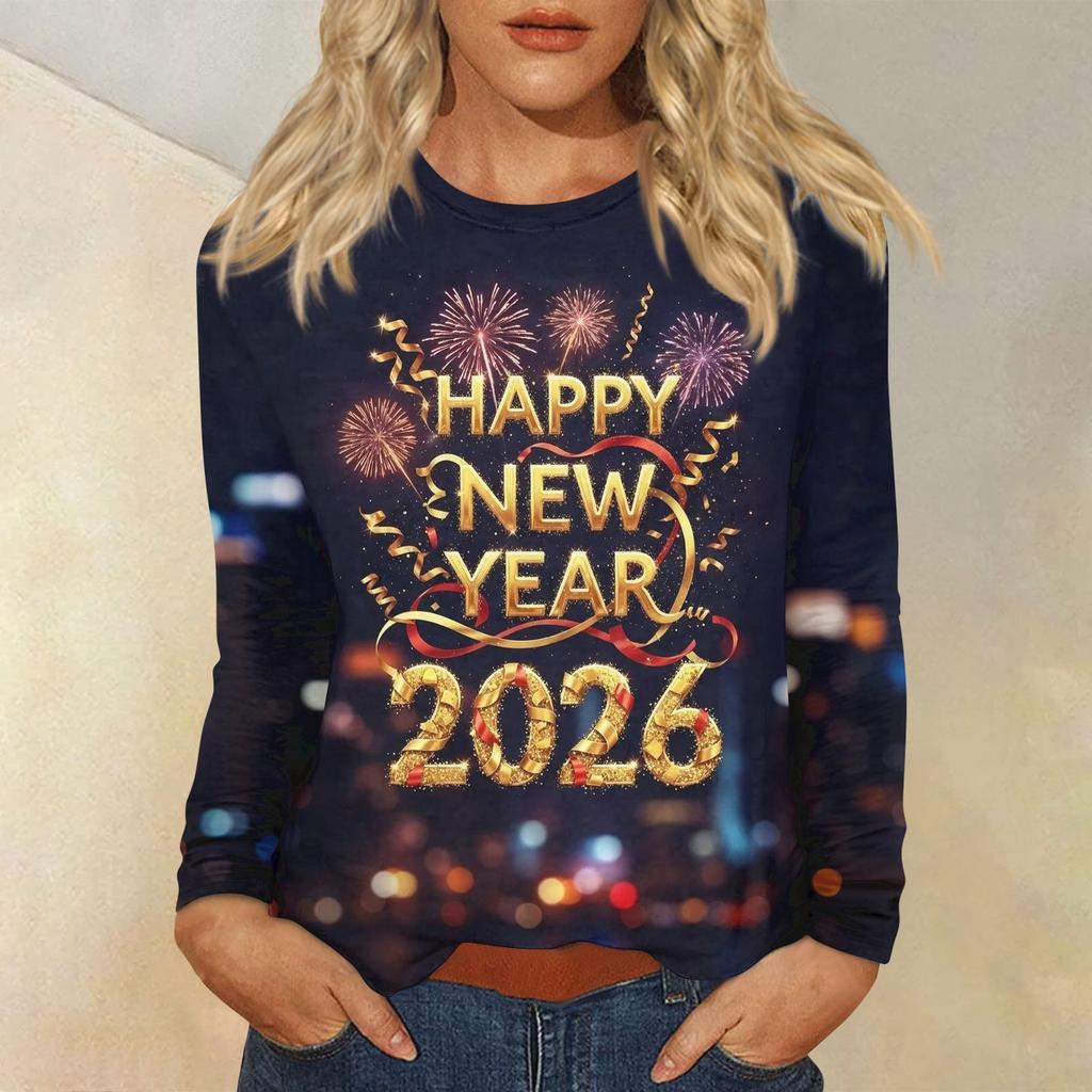 Women's Loose Comfortable Casual Fashion Round Neck New Year Printed Long Sleeve Top