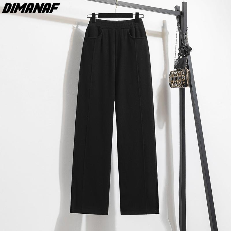DIMANAF 2023 Женские Зимние Длинные Брюки Большого Размера на Резинке - Толстый Хлопок, Свободный Крой, Полная Длина, Однотонные для Повседневной Носки