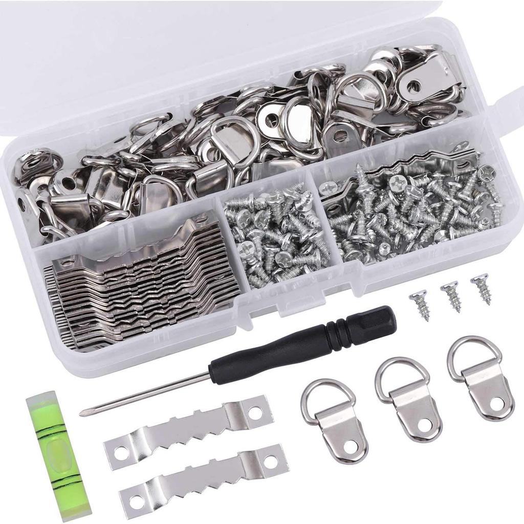 252PC Ring Picture Frame Hanger and Sawtooth Photo Hanging Hardware Set with Screws and Spirit