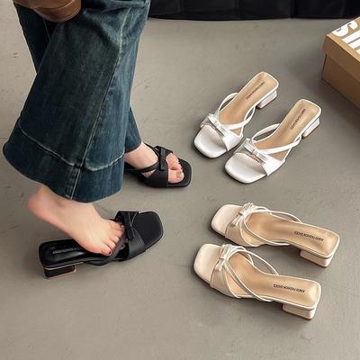 Вечерний ветер французский квадратный носок бант однословные тапочки женские весенне-летние новые высококлассные для улицы с юбкой крутые тапочки