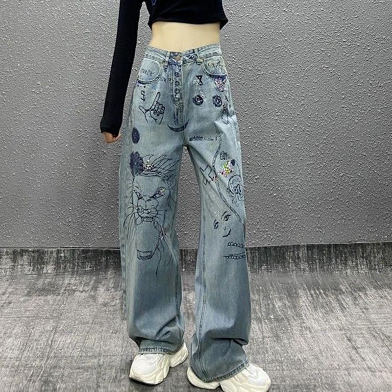 Cartoon Graffiti Jeans Trousers Female Autumn Winter High Waist Women Denim Pants Vintage Loose Wide Leg Pants 2023 New