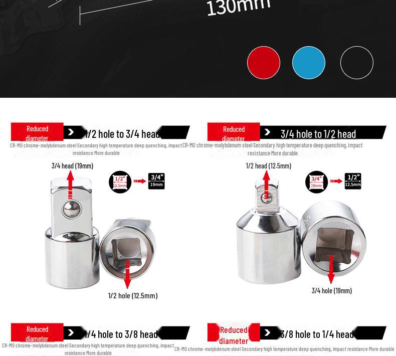 6-Piece CR-V Socket Adapter Set: 1/2" To 3/8" To 1/4" Ratchet Wrench Converters