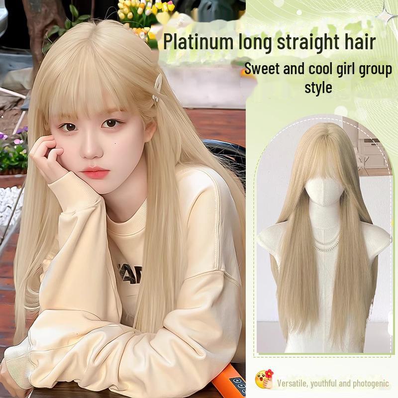 Platinum Blonde Long Wig for Women - Mi Haisha Cosplay Lolita Full-Cover Straight Hairstyle Set
