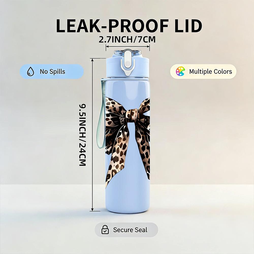 1PC Leopard Print Large Bow Graphic,750ml Color Plastic Sports Water Bottle,Leakproof Flip Straw Lid,Suitable for Sports Office Home Use