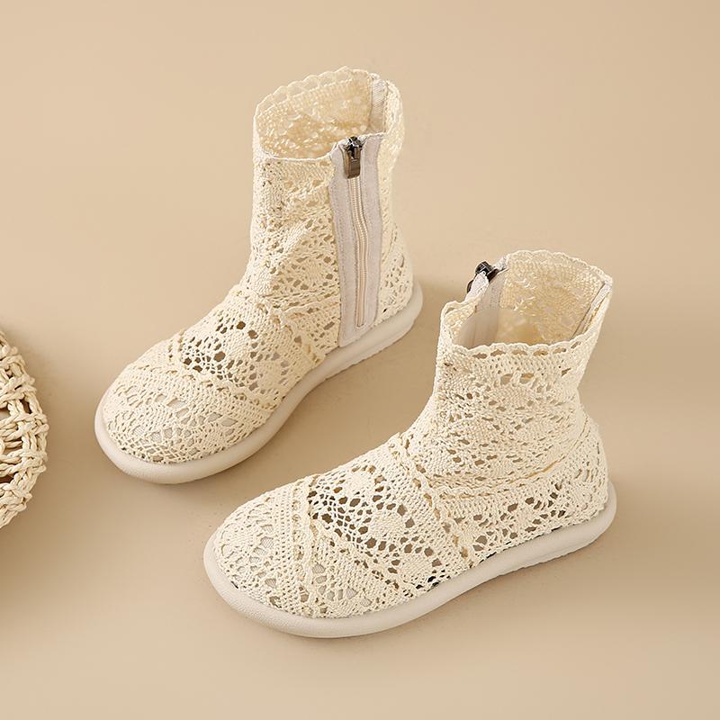 2025 Женские ботинки с вырезами, сетчатая дышащая обувь, летние женские ботильоны, вязаные, на плоской подошве, на молнии, с круглым носком, однотонная обувь