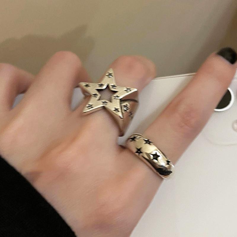 Vintage Heart Pentagram Open Ring for Women Sweet Cool Old Made Hollow Love Star Personality Finger Accessories Fashion Jewelry
