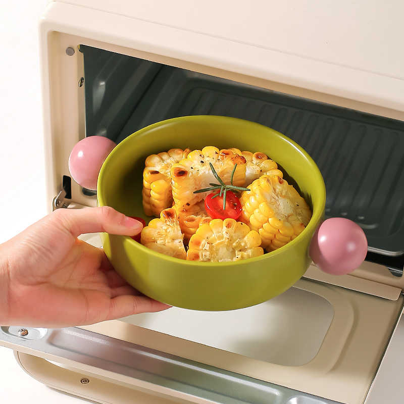 Креативная контрастная керамическая салатница с двумя ручками, миска для фруктового салата, миска для лапши быстрого приготовления, миска для запекания риса в микроволновой печи