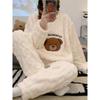 Women's Cute Cartoon Bear Letter Pattern Jacquard Fleece Thick Pajama Set, Long Sleeve Round Neck Top Pants Comfortable Relaxed Fit For Fall Winter