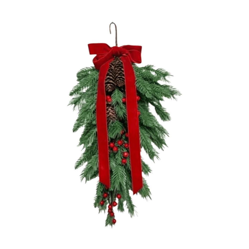 Teardrop Shape Christmas Swag Flexible Bendable With Bells Artificial Pine Garland With Pine Cones With Bowknot Teardrop Wreath