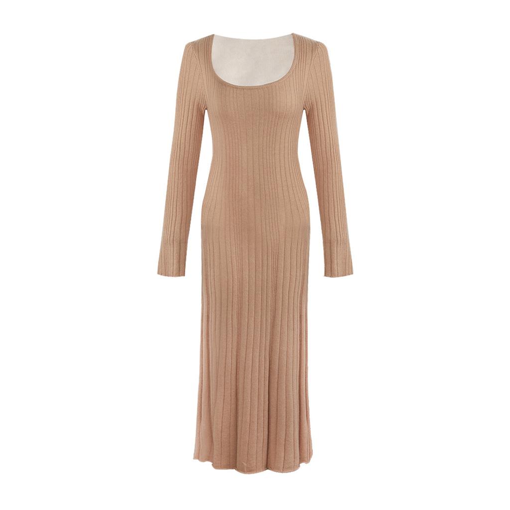 Sincere simple skirt sheep + wool U-neck elegance pure desire slim dress autumn and winter solid color temperament long-sleeved dress