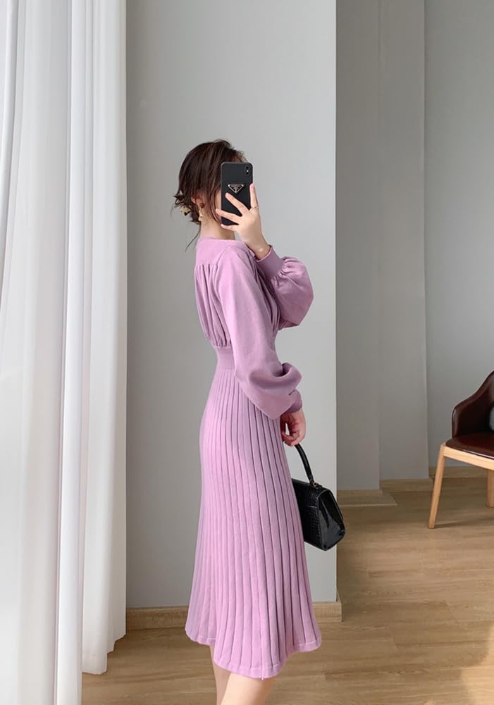 Vilaria Вязаное Длинное Круглый Вырез Однотонное Повседневное Женское Платье, Рукав, Вырез, Стройнящее, Осень/Зима, Цвет, Стильное,