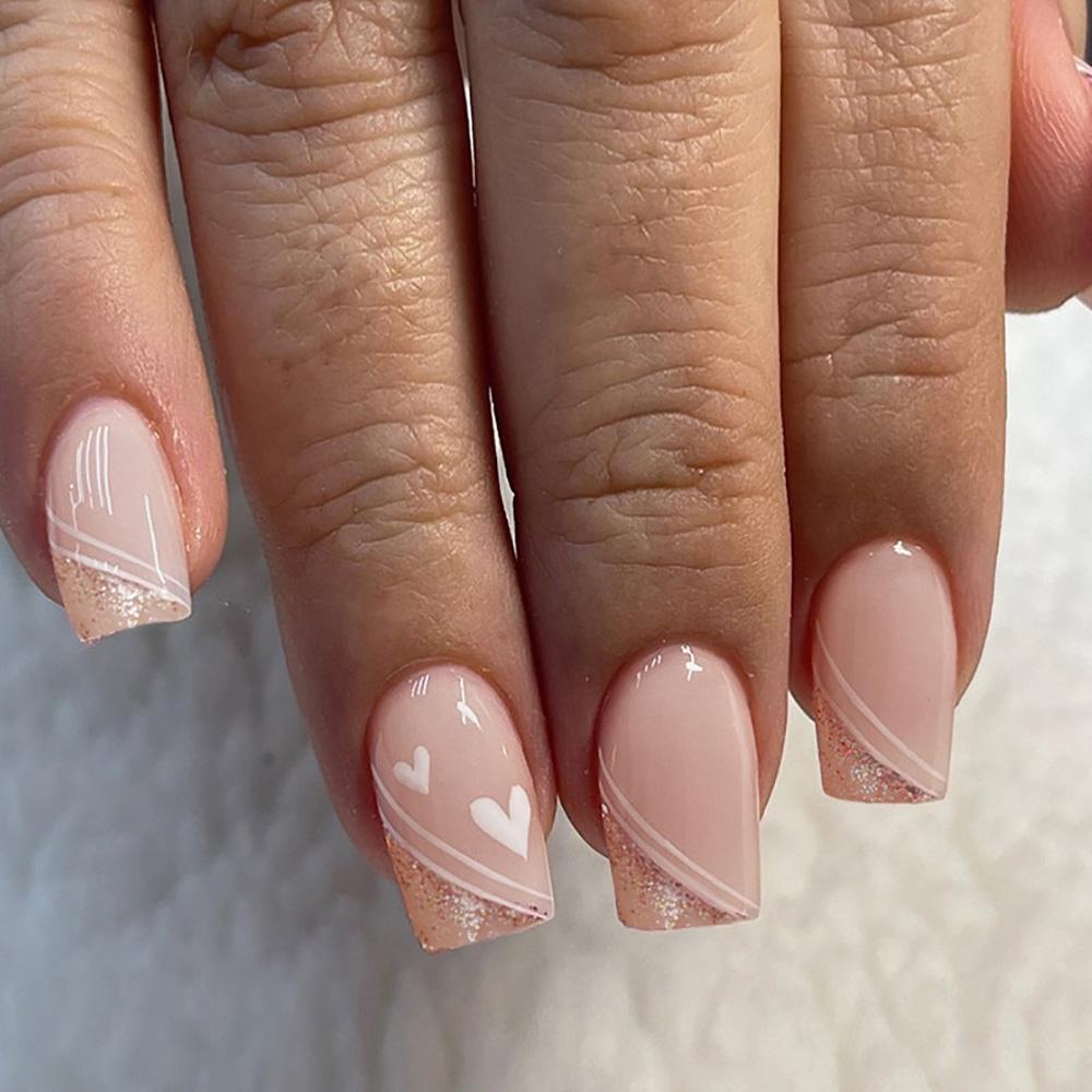 24pcs/set short Medium fake nails square ballet almond nail tips pink beautiful heart for Valentine's Day press on false nails