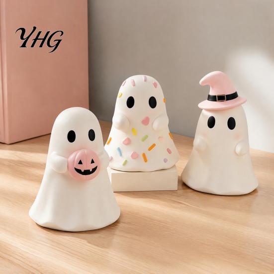 Cute Ceramic Ghost Statue Halloween Figurine, Resin Spooky Statue, Funny Creepy Small Statues for Shelf Tabletop Ornament Home Party