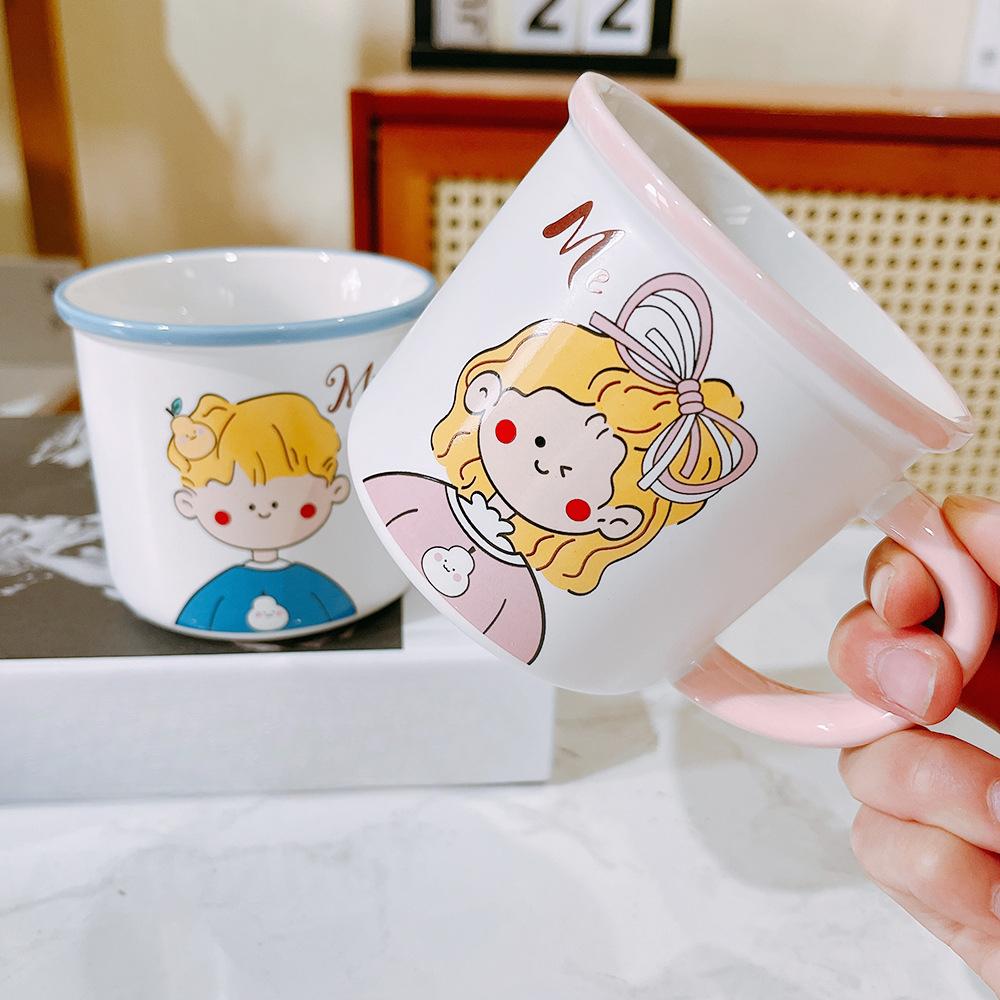 Cartoon Creative Couple Cup Boy Girl Student Water Cup Ceramic Cup Mug Against Cup Cute Breakfast Cup