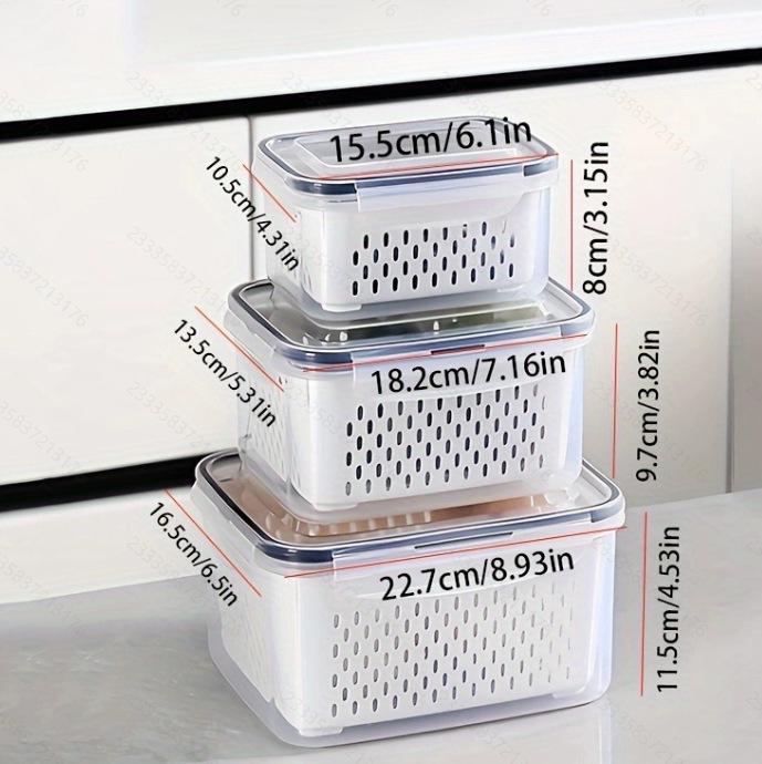 Fresh-Keep Draining Basket Set: 3-Piece Vegetable & Fruit Storage for Microwave, Fridge, or Kitchen Use.
