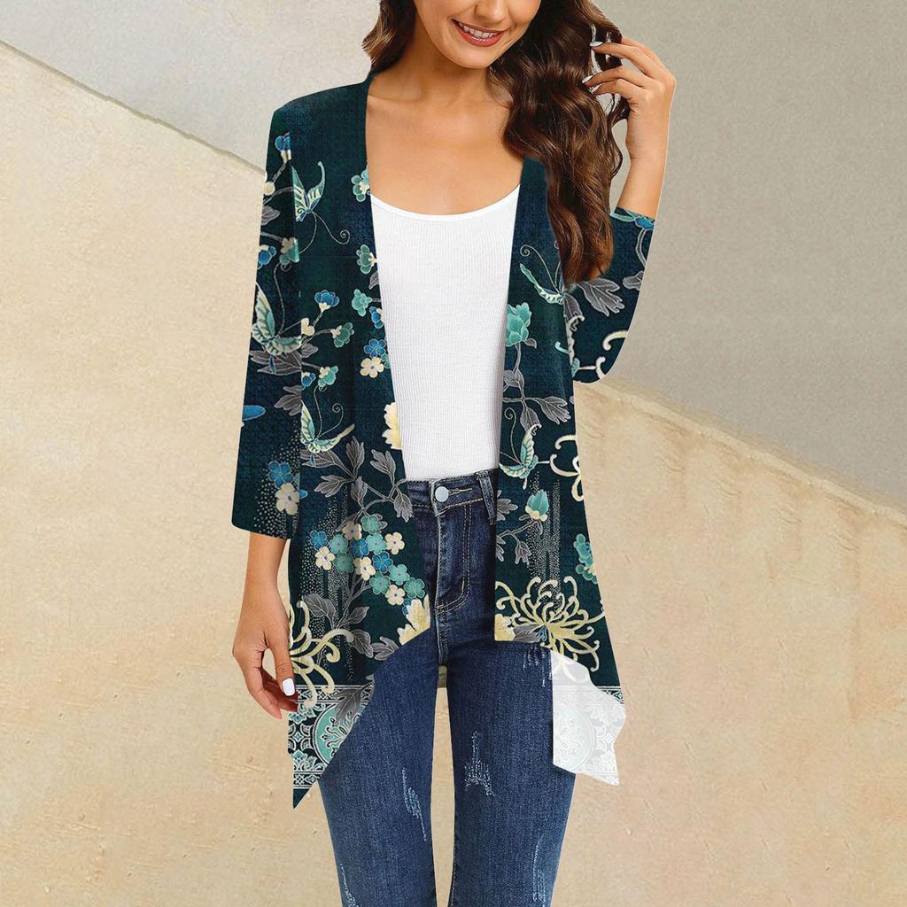 Женский кардиган неправильной формы с принтом, рукавами три четверти и карманной курткой