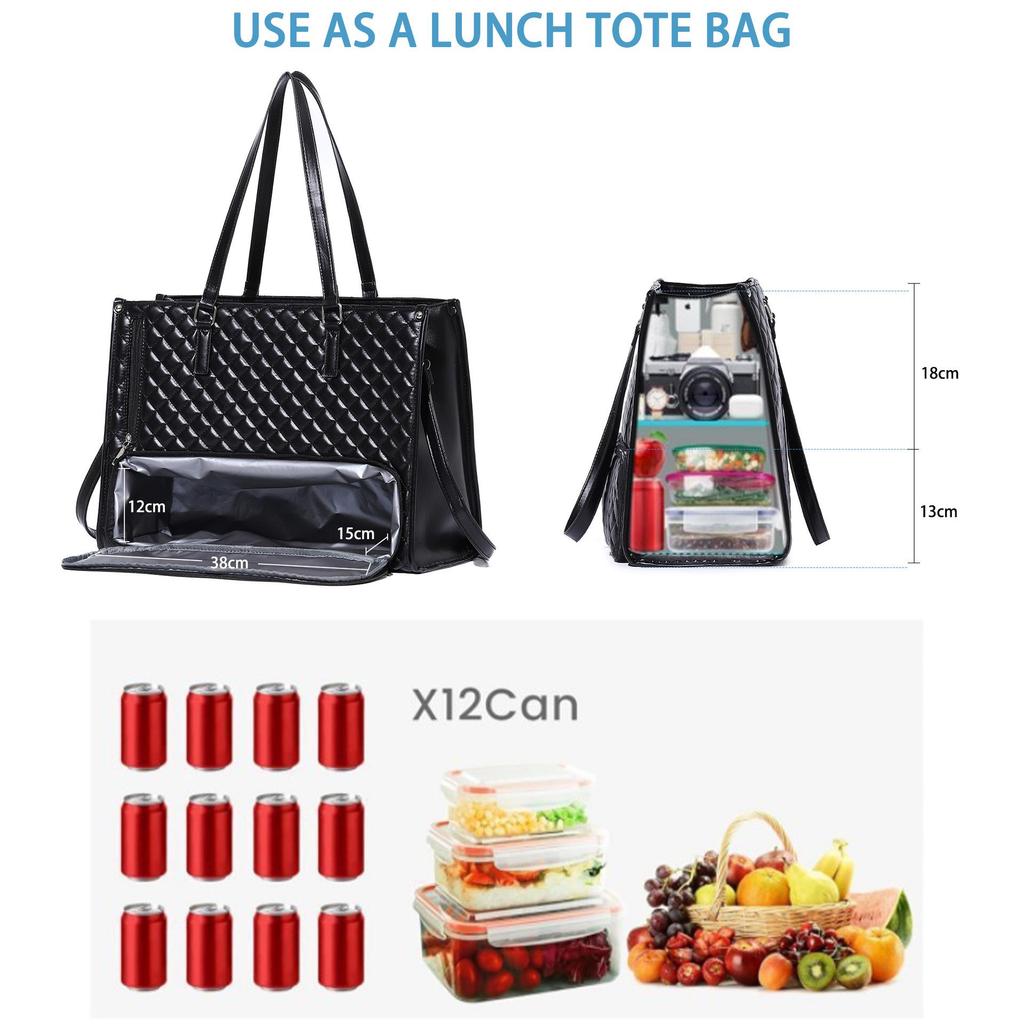 Insulated Black Diamond Lunch Bag with Handle & Shoulder Strap for Work or Picnic