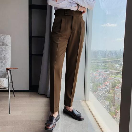 Мужской костюм Брюки Формальный деловой стиль Прямые брюки Slim Fit Сплошной цвет Мягкая высокая талия Винтажные карманы Мягкие дышащие мужские офисные брюки
