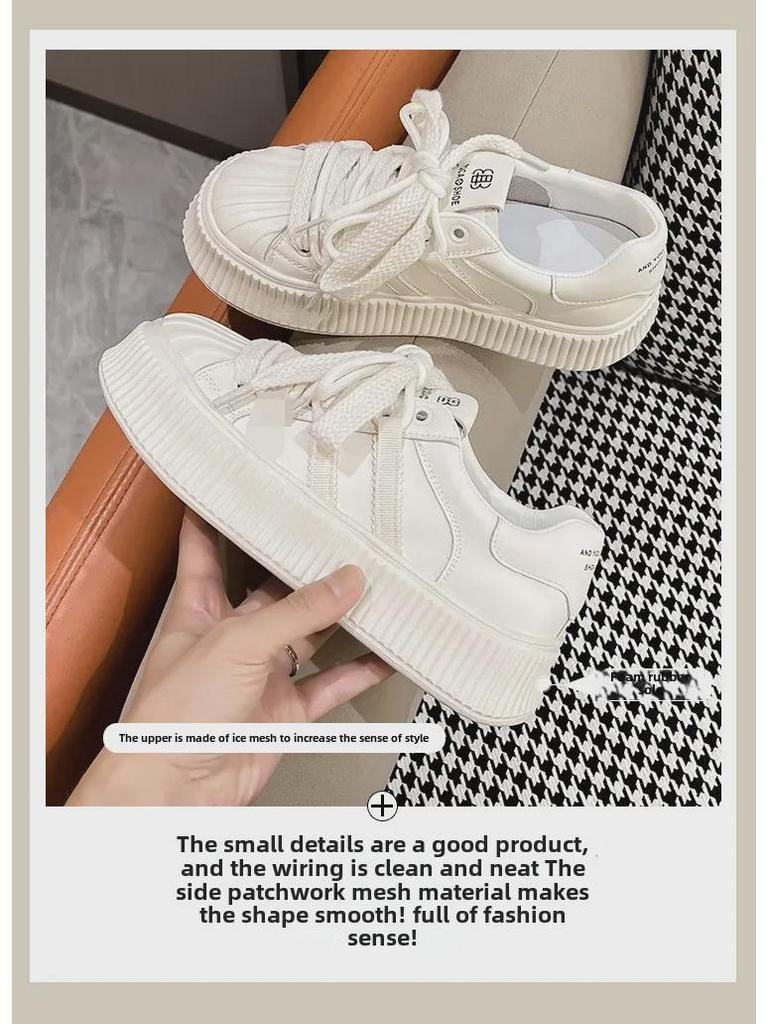 Women's 2024 Autumn White Genuine Leather Height-Enhancing Sports Shoes with Thick Sole and Breathable Design.