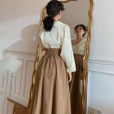 Темно-коричневая винтажная макси-юбка для женщин Harajuku Pocket Lace Up Long Skirts Летняя осенняя одежда Корейская мода