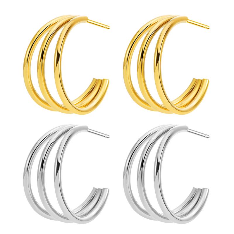 Trendy Gold-Plated Triple C-Shaped Titanium Steel Earrings