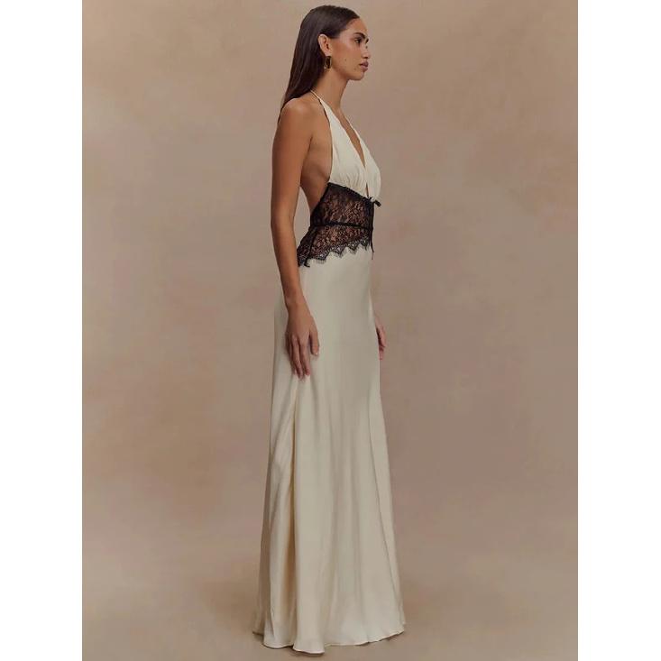 Summer Backless Sexy Maxi Dress Women Gown Patchwork Lace Halter Deep V Neck Sleeveless High Waist Elegant Long Dress