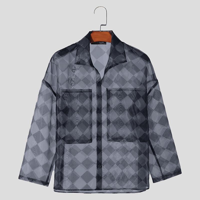 INCERUN Мужские рубашки с длинным рукавом в клетку с лацканами, прозрачные топы для вечеринок