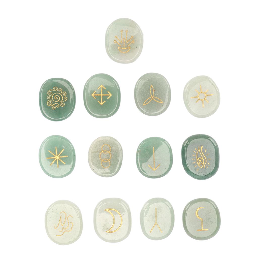 13 шт. Символические рунические камни с тканевым мешочком Гравировка рунических камней для гадания Йога Медитация Зеленый