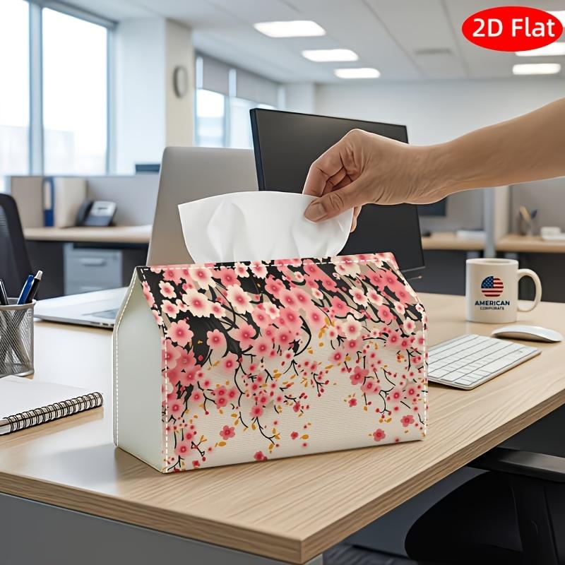 1pc 2D Flat Romantic Aesthetic Cherry Tissue Box, Printed on Both Sides, Pink Blossom Branch Dreamy Fabric Napkin Storage Organizer for Kitchen, Car,