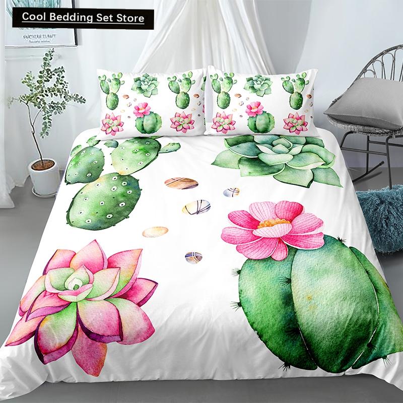 Пододеяльник Cactus King Queen Набор постельного белья с суккулентами для детей, подростков, взрослых Зеленый Ботанический с цветами 2/3 предмета Полиэстеровый пододеяльник