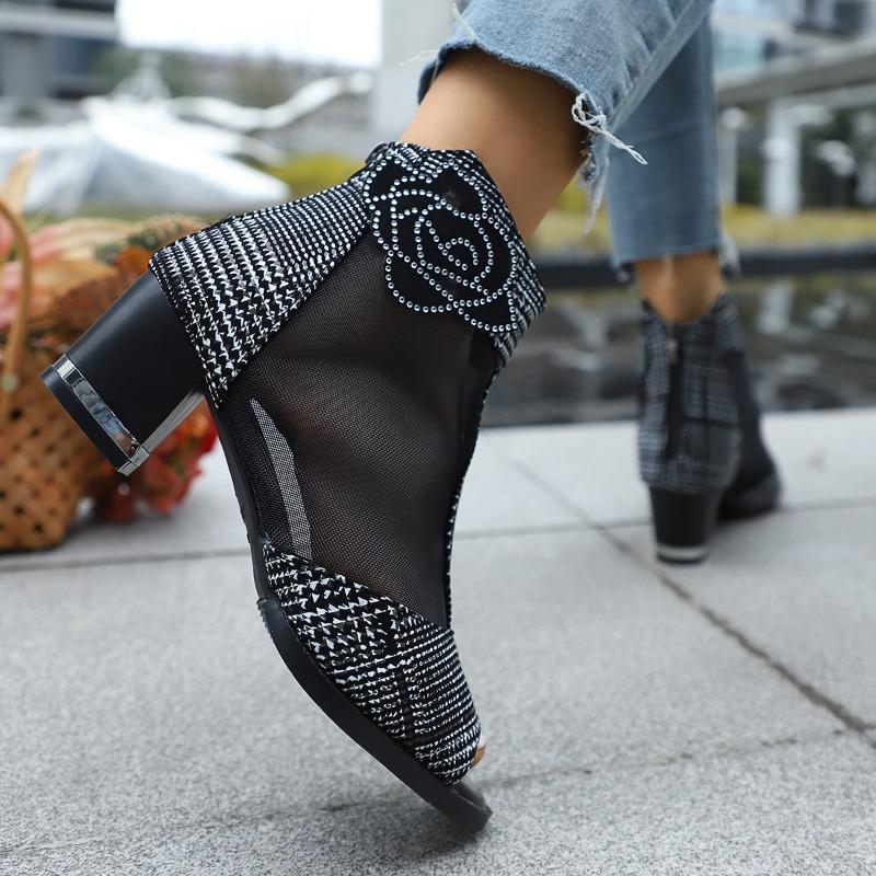 Женские босоножки с открытым носком, на толстом каблуке, сетчатые, с задней молнией, летние ботильоны до щиколотки, модные платья, большие размеры, дышащие сандалии