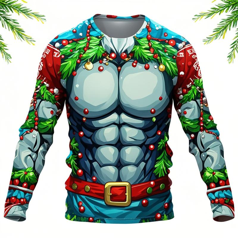 Мускулистые рождественские футболки мужские топы повседневные свободные уличные 3D-принты уродливые рождественские футболки с длинным рукавом спортивная футболка одежда Y2k