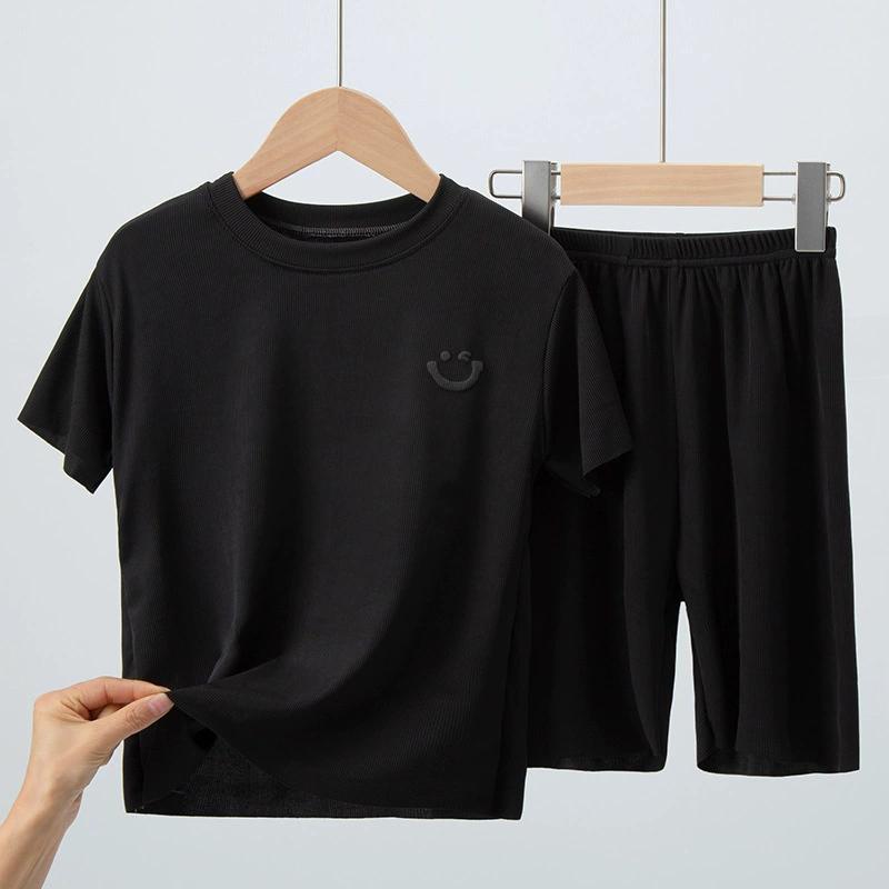 Children's Short-sleeved Suit T-shirt Ice Silk Big Children Girls Boys Baby Pajamas Summer Thin Two-piece Home Service