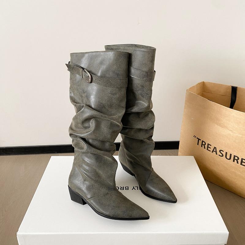 Autumn and Winter White Boots Women's Belt Buckle Pleated Pile Boots Pointed Thick Heel Knight Boots