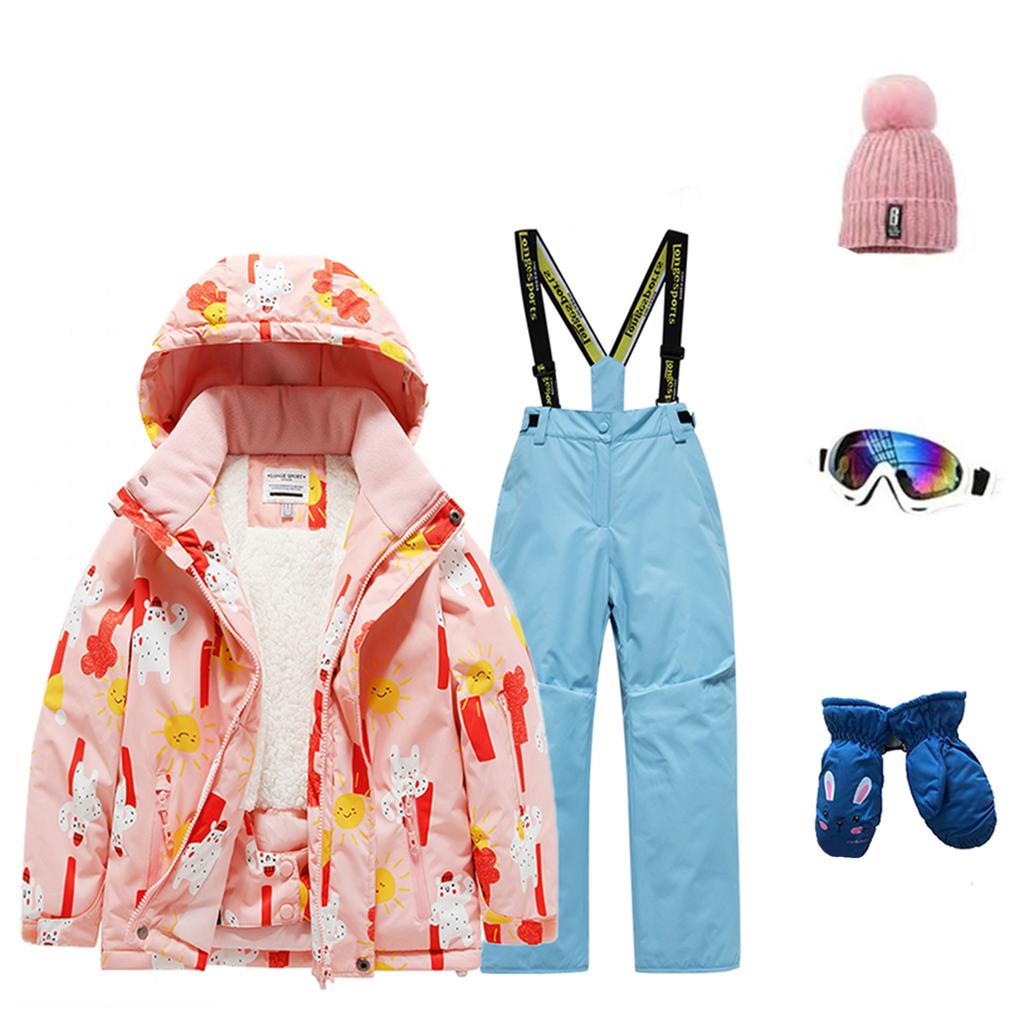 Детский модный лыжный комплект для мальчиков и девочек, утепленный, водонепроницаемый, термобелье, костюм из пяти предметов с курткой и брюками