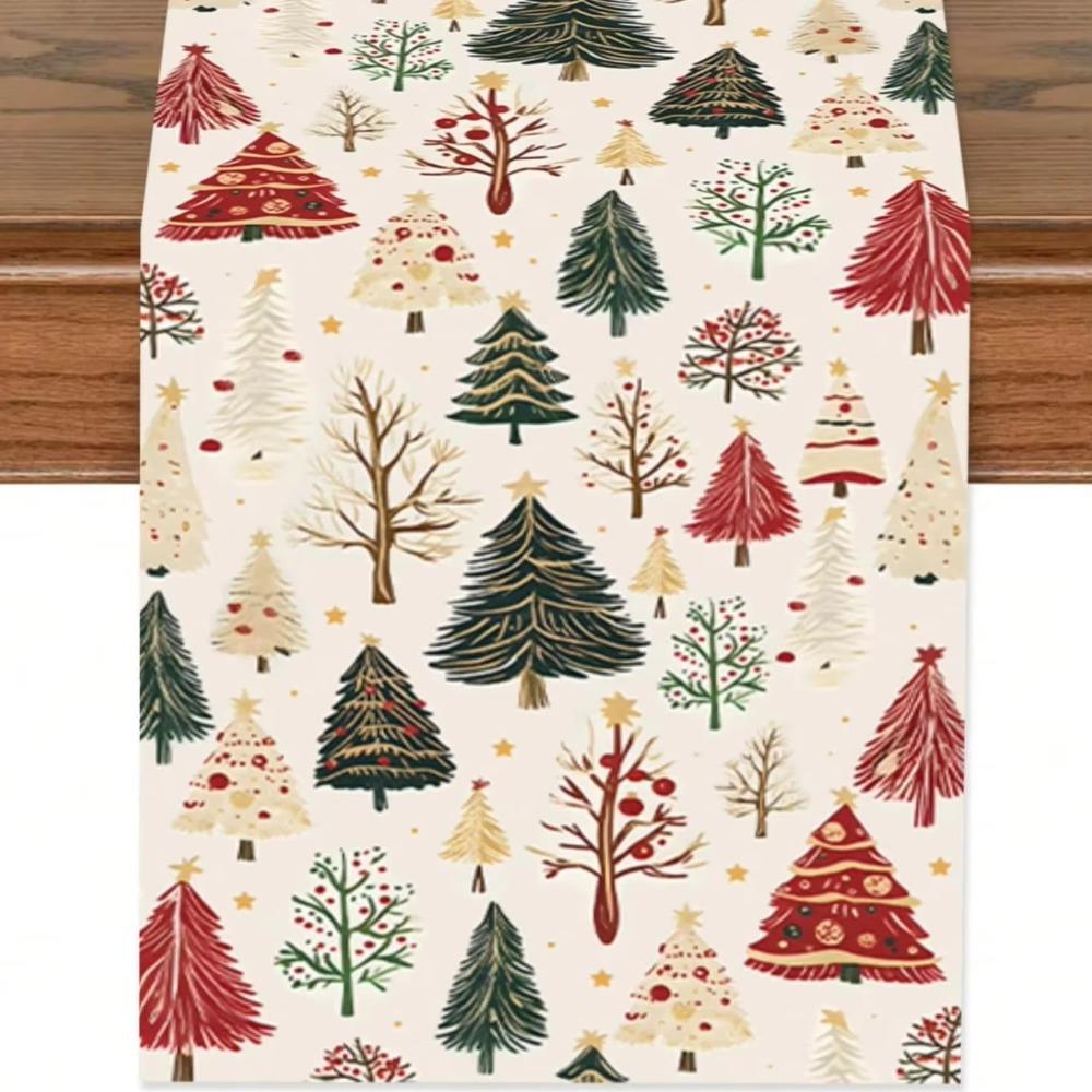 Mixed Pine Tree Pattern Holiday Tablecloth Polyester Party Table Decor Table Runner Festive Dining