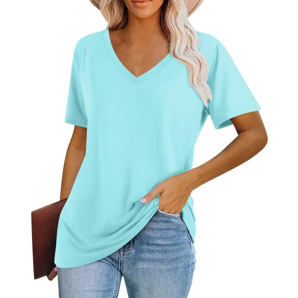 Women's Fashion V-Neck Classic Loose Solid Color Casual Short Sleeve T-Shirt