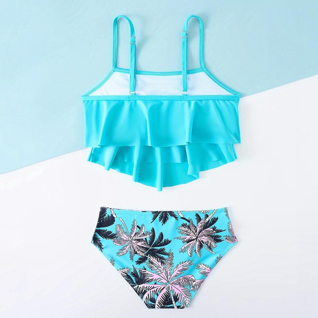 Girls  Floral Sleeveless Spaghetti Straps Adjustable Straps Swim Shorts Two-Piece Swimsuit Swimwear