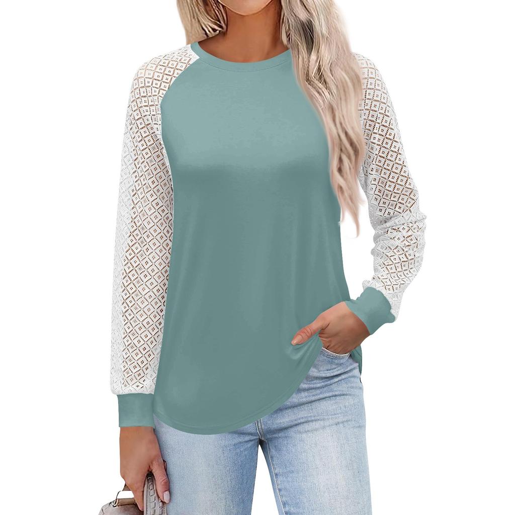 Women's  Long Sleeve  T Shirts Round Neck Lace Tops  Casual Blouses Trendy  Fashion Top